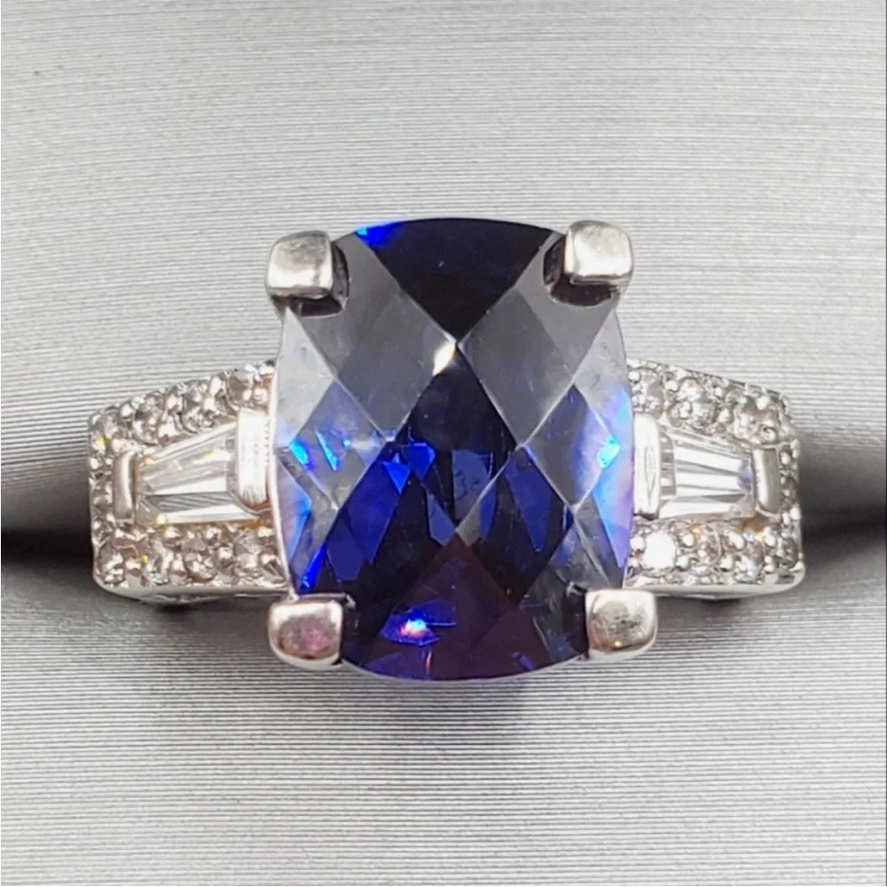 Checkerboard Cut Genuine Tanzanite & Diamond Simulant 925 Sterling Silver Ring - Picture 1 of 7